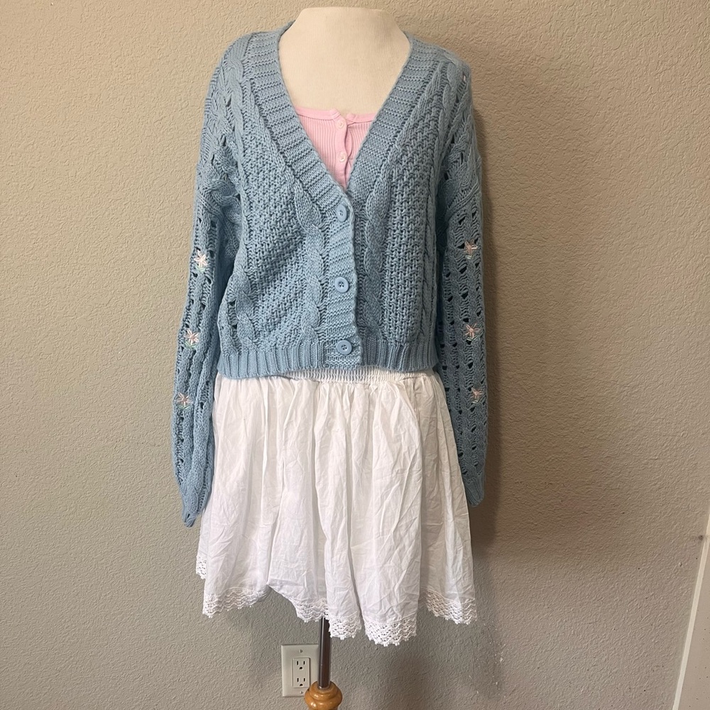 Sky and Sparrow Light Blue Cropped Cable Knit Cardigan